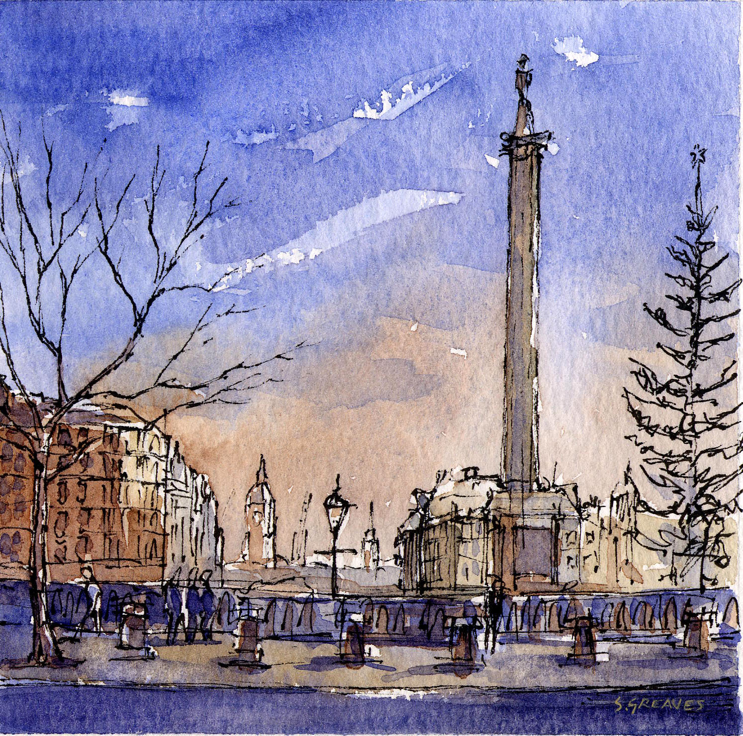 Steve Greaves - Trafalgar Square - landscape painting in ink & watercolour
