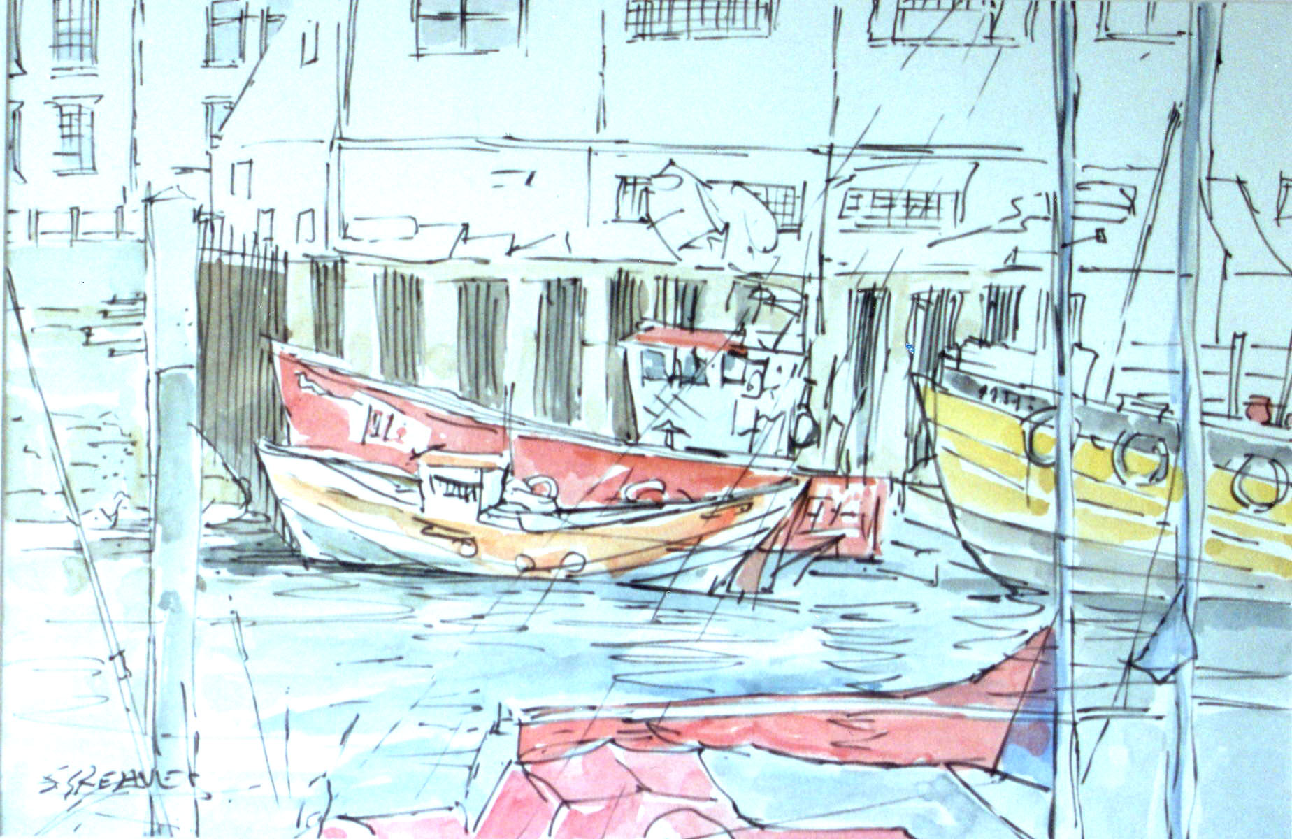 Steve Greaves - Whitby Harbour - landscape marine painting in ink & watercolour